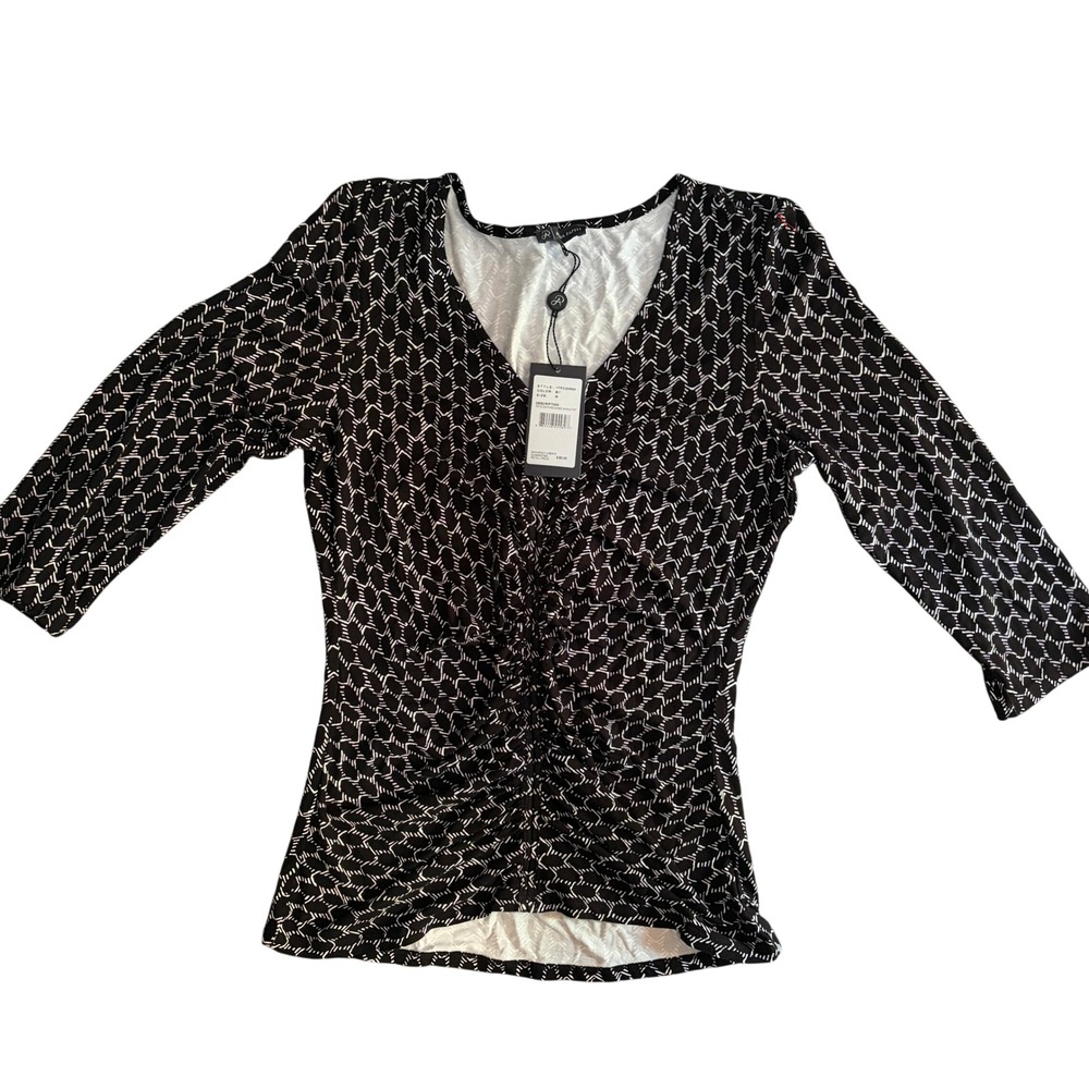 Adrianna Papell Womens Black White Geometric Ruched V-Neck 3/4 Sleeve Top M NEW